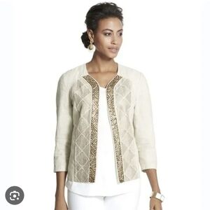 Chicos Artisan Linen Embroidered Beaded Open Front Jacket Beige 3/4 Sleeve 3/ XL